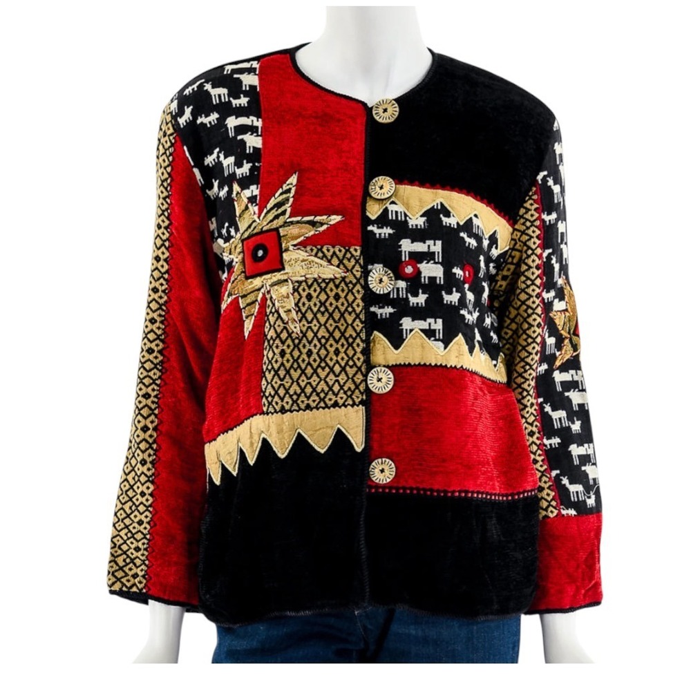 VTG ALLURE JACKET Art-To-Wear RED/BLACK CHENILLE Tapestry Animals Star Beige L